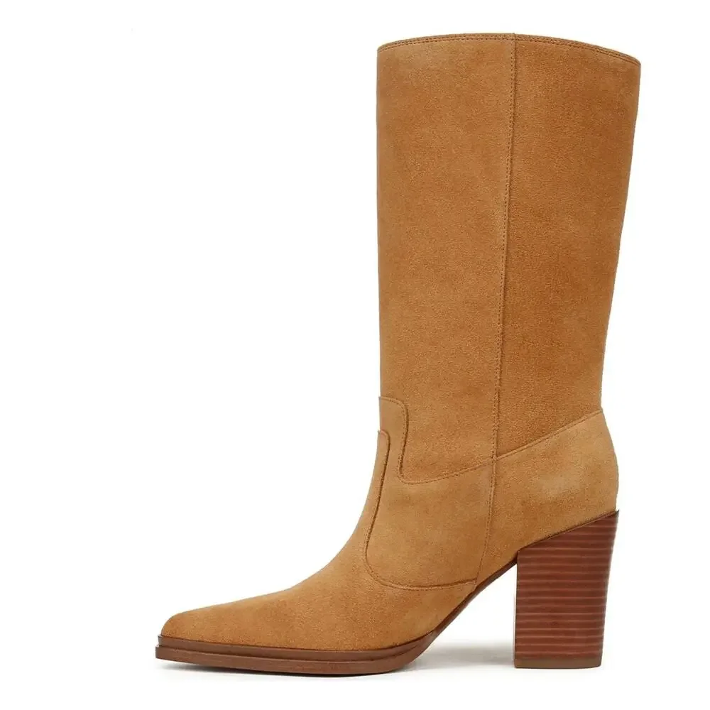 Franco Sarto Jaxon Mid-Shaft Boot Size 9 Camel/Brown Suede Block High Heel New